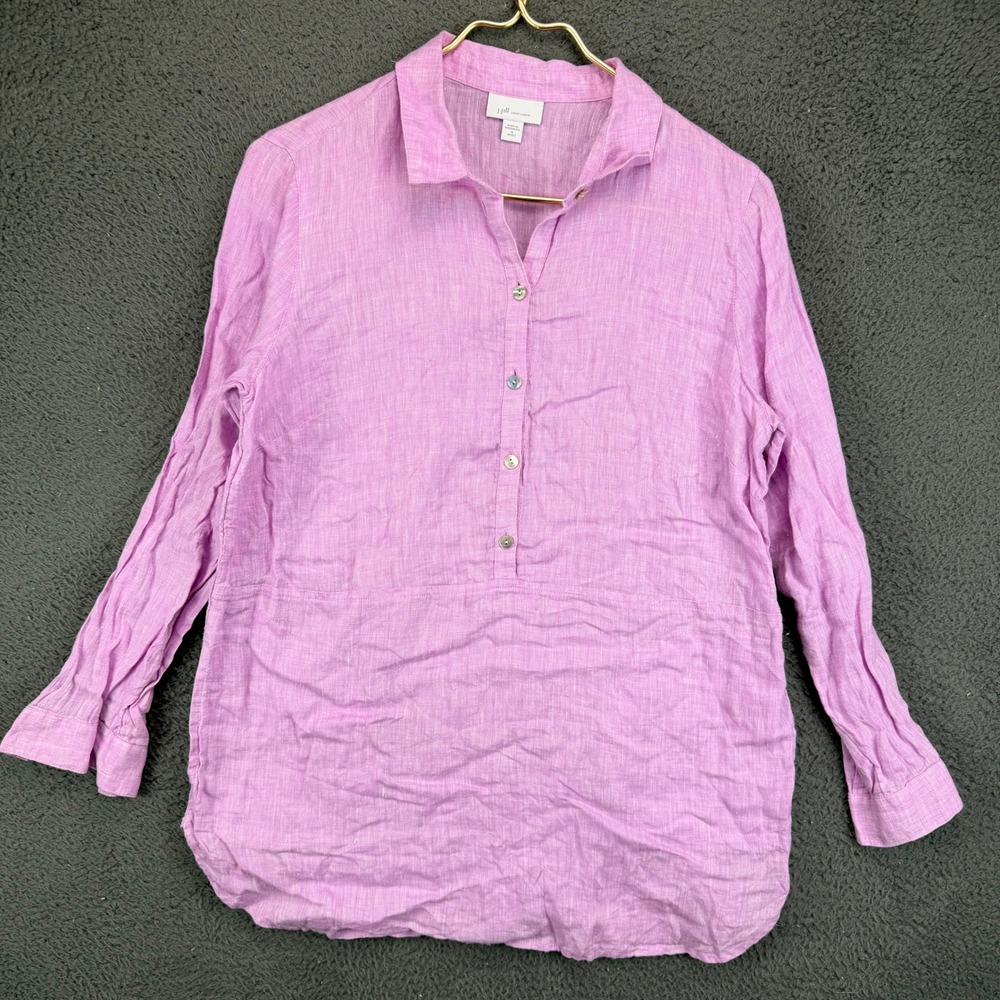 J.Jill Love Linen Pink Button Front Tunic Shirt‎ Womens Small Petite Long Sleeve